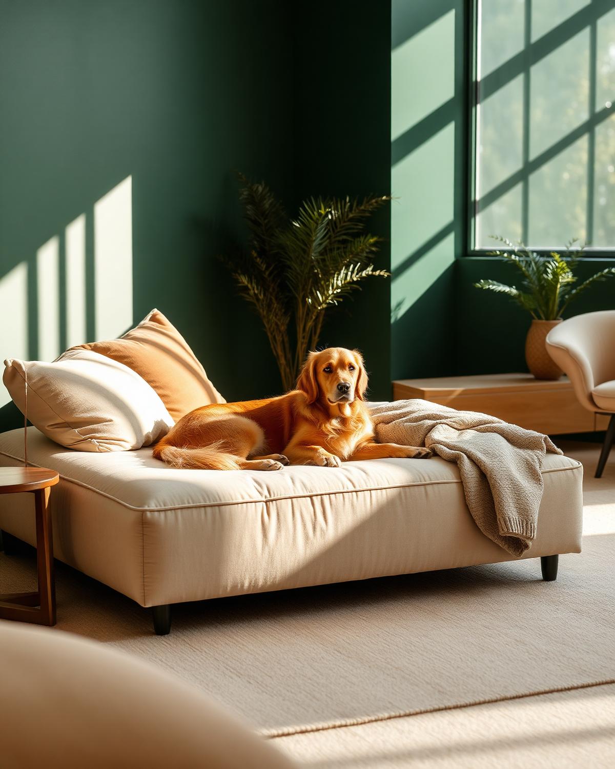 A golden retriever resting on a bouclé pet bed in a sunlit modern living room